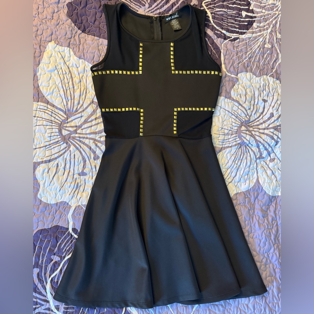 Wet Seal Black Sleeveless Fit & Flare Dress with Gold Stud / Cross Accents